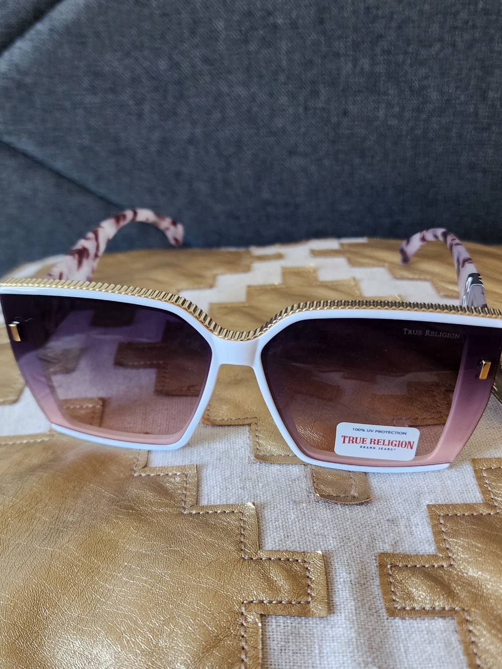 True Religion White Frame Sunglasses with Gold Trim and Purple Gradient Lenses